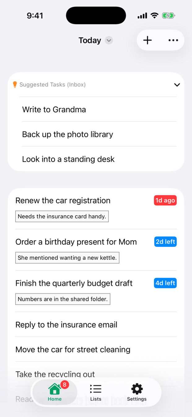 The Today screen: a Suggested Tasks section with three untriaged tasks, above the day's list showing due-date badges.
