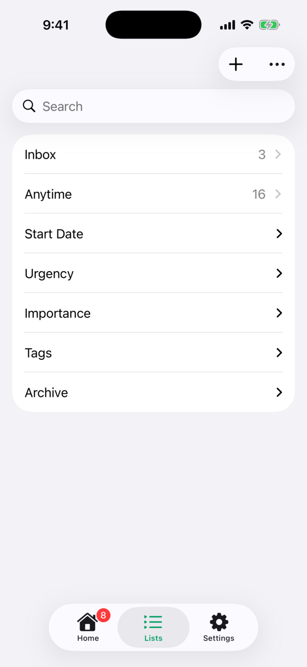 The Lists screen: Inbox, Anytime, Start Date, Urgency, Importance, Tags and Archive.